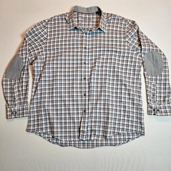 Tasso Elba Men’s 2XL Button Up Plaid Shirt Long Sleeve Elbow Patches Brown Blue - Picture 1 of 6